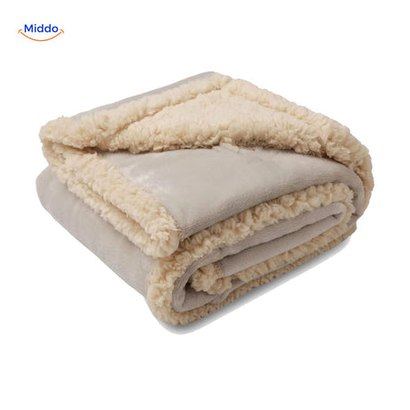 Beige waterproof pet blanket with cozy fleece and cotton velour comfort.