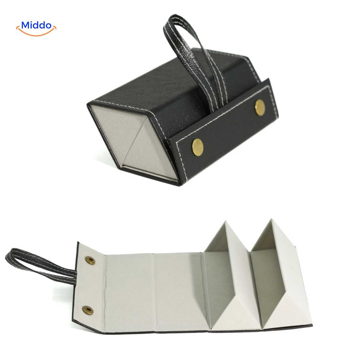 Black 2-slot foldable travel eyeglasses case shown closed, ideal for carrying two pairs on the go.