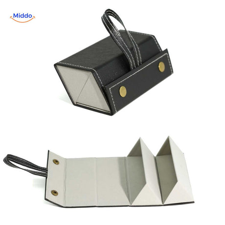 Black 2-slot foldable travel eyeglasses case shown closed, ideal for carrying two pairs on the go.