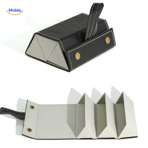 Black 3-slot foldable eyeglasses case open revealing three padded compartments for glasses.