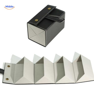 Black 4-slot foldable eyeglasses storage case displayed open with four separate slots.