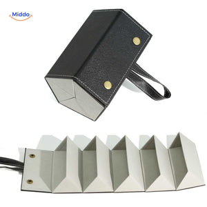 Black 5-slot foldable travel eyeglasses case and holder open showing five lined compartments.