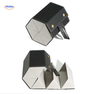 Black 6-slot multifunctional foldable eyeglasses case fully open with all compartments on display.