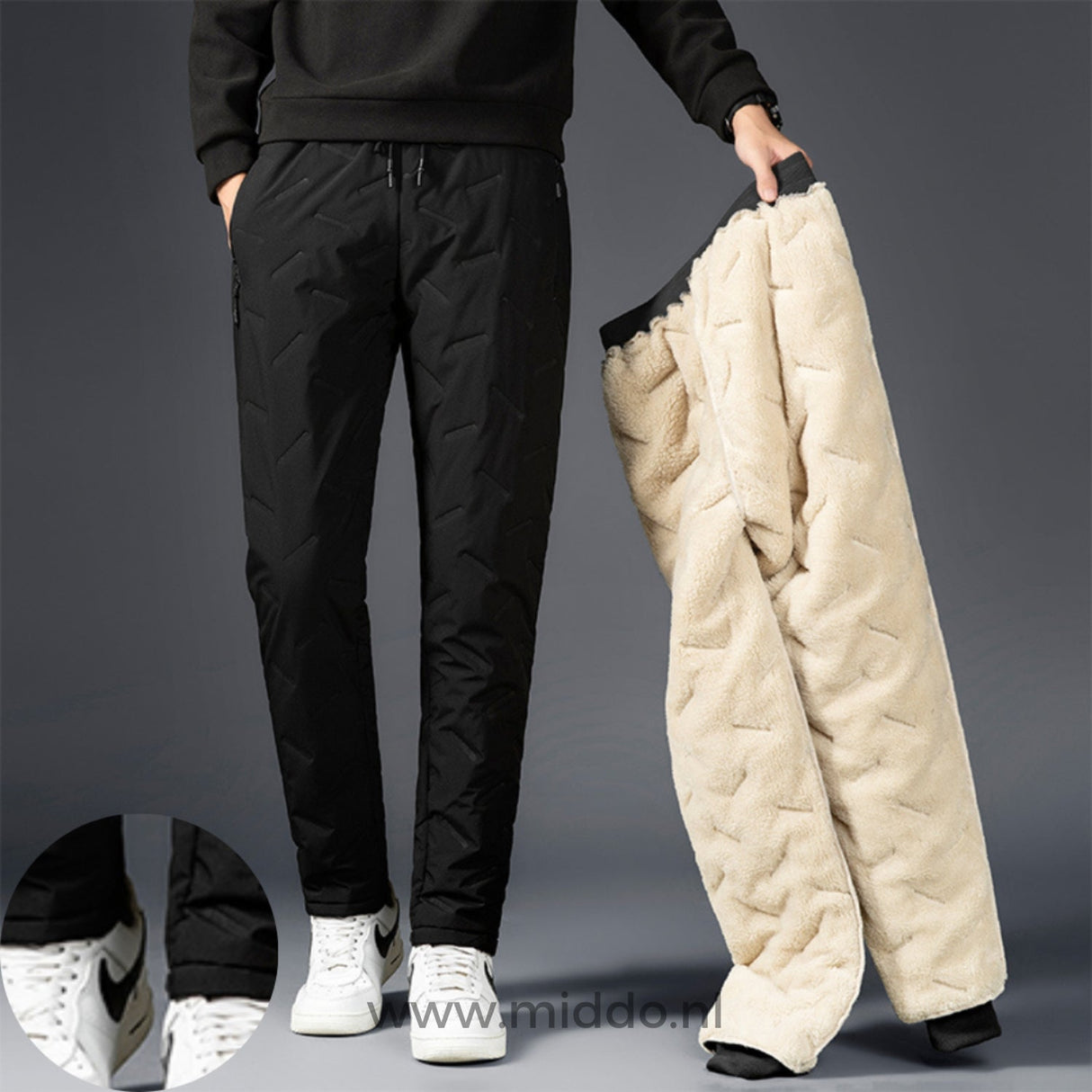 Thermo fleece pants available in black and beige color options.