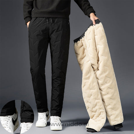 Thermo fleece pants available in black and beige color options.