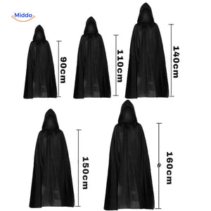 Black hooded cape costume piece shown in multiple size options.