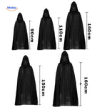 Black hooded cape costume piece shown in multiple size options.