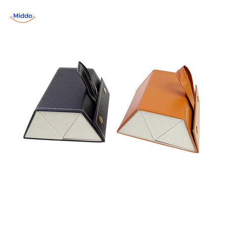 Black and caramel 2-slot foldable eyeglasses cases shown in a side-by-side size comparison.