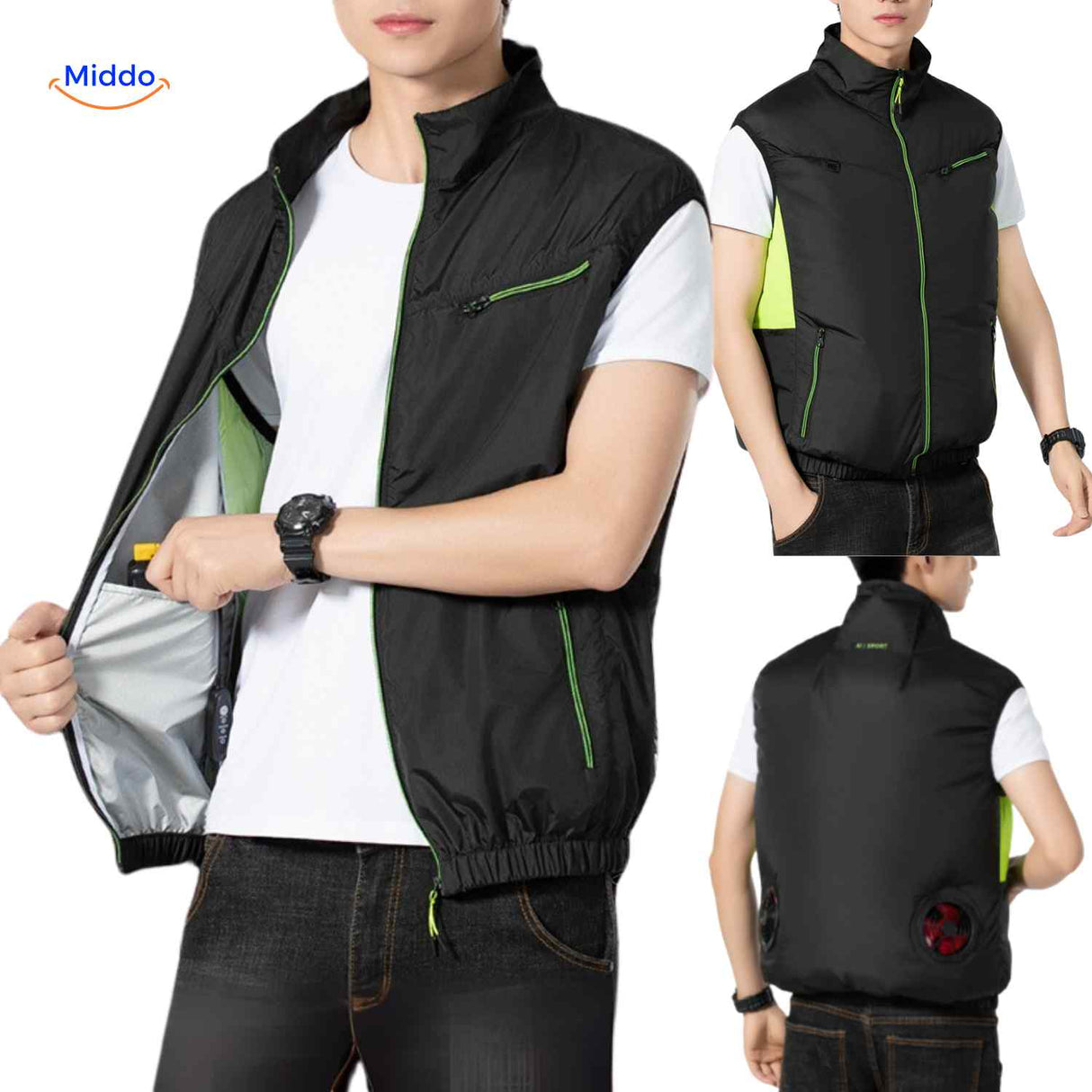 Black cooling work vest with integrated cooling fans and secure zip pockets.