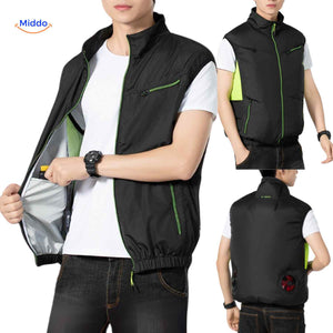 Black cooling work vest with integrated cooling fans and secure zip pockets.