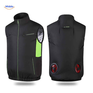 Black sleeveless cooling vest with double fans and sporty ventilation design.