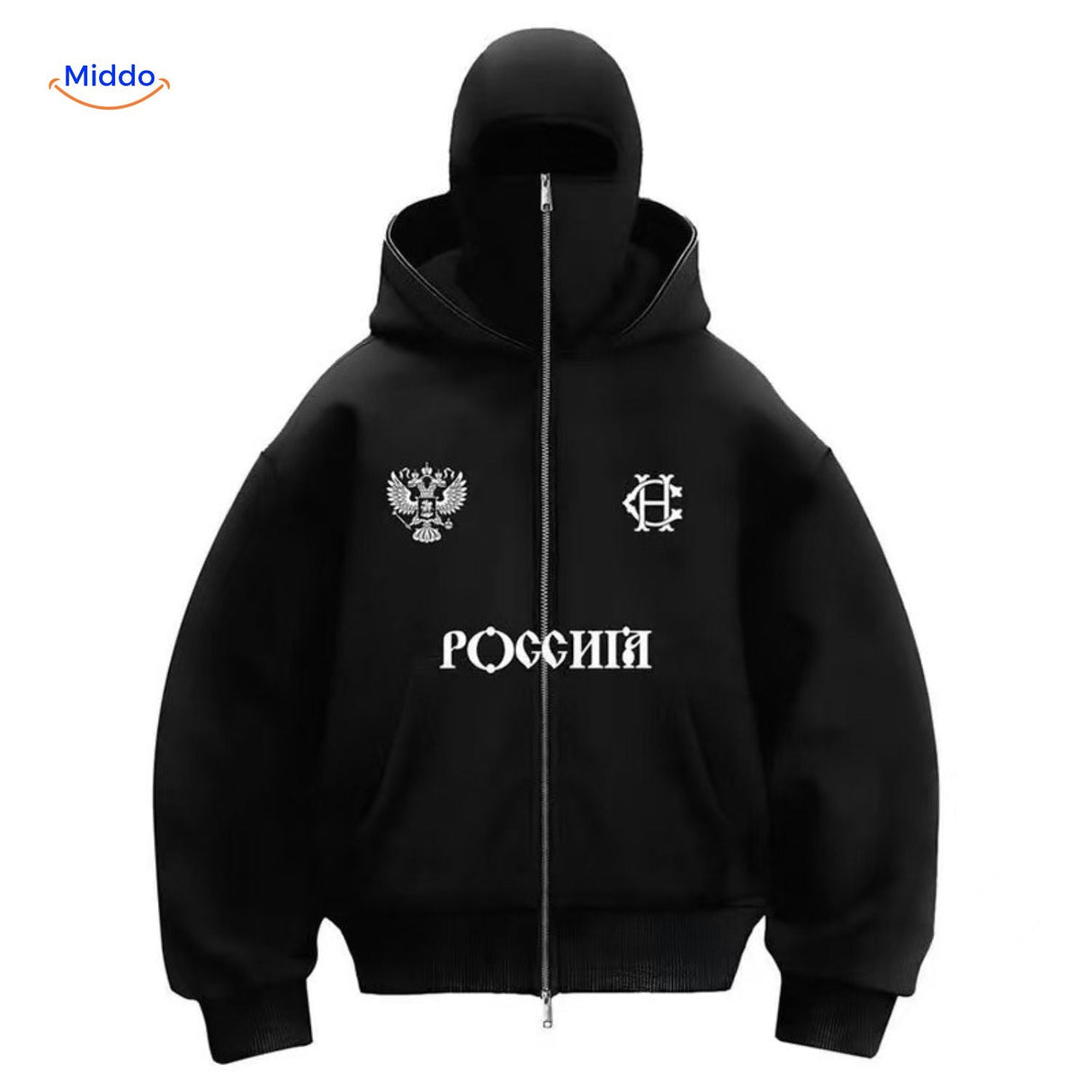 Black double-hood hoodie with graphic print and comfortable cotton blend.