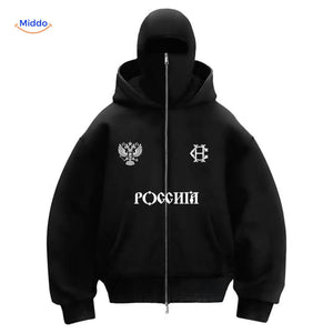 Black double-hood hoodie with graphic print and comfortable cotton blend.