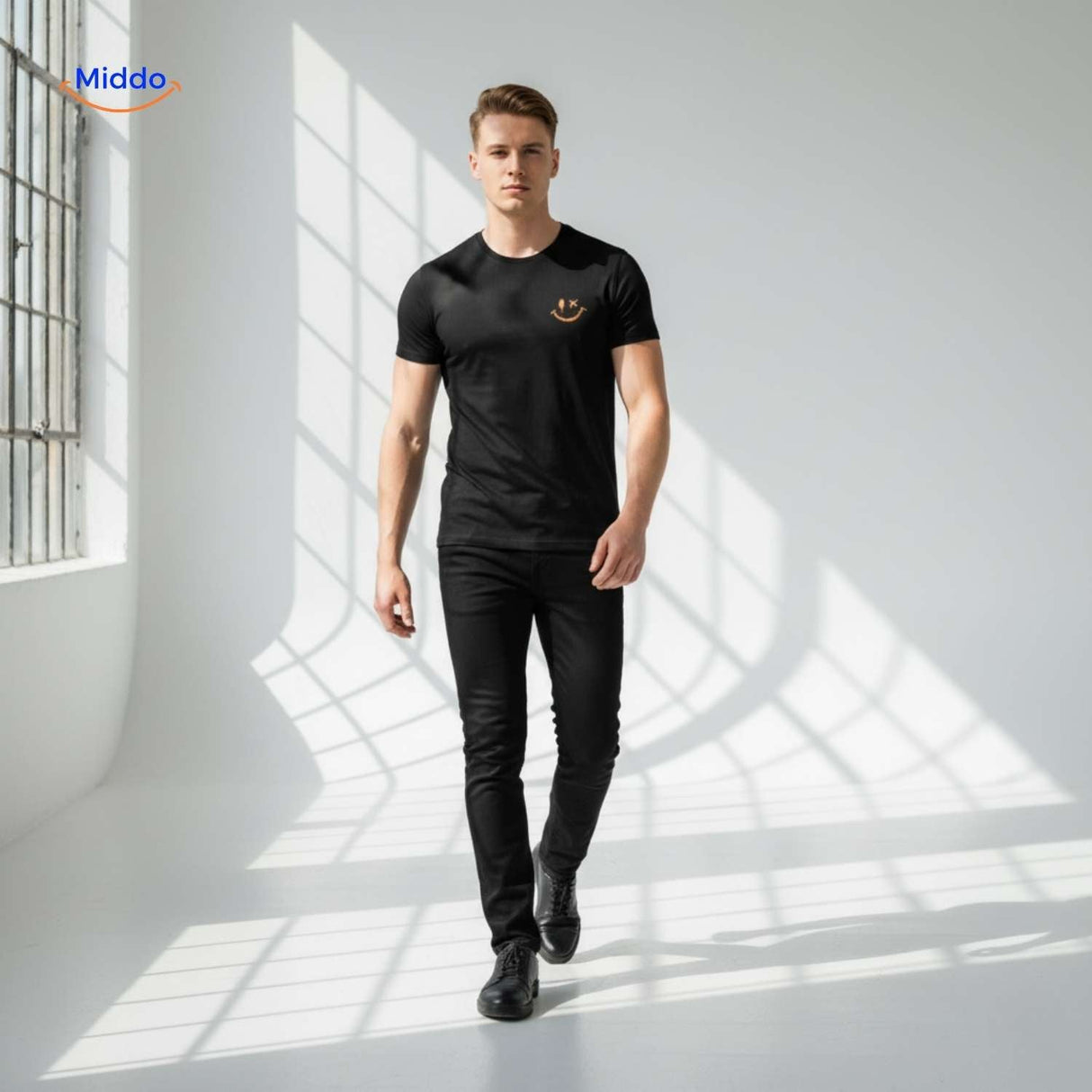 Full-length view of black breathable smiley print t-shirt.
