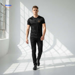 Full-length view of black breathable smiley print t-shirt.