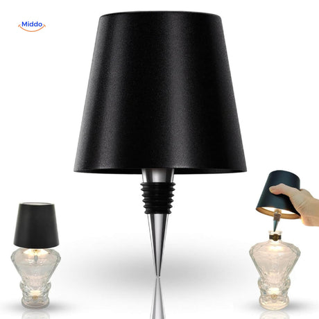 Black rechargeable dimmable bottle lamp with elegant contemporary design.