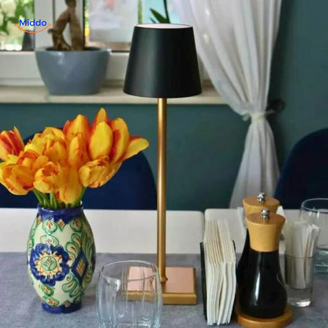Stylish black dimmable LED table lamp with minimalist square base.