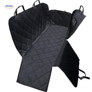 Black quilted pet car seat cover with convenient zipper pocket closure.