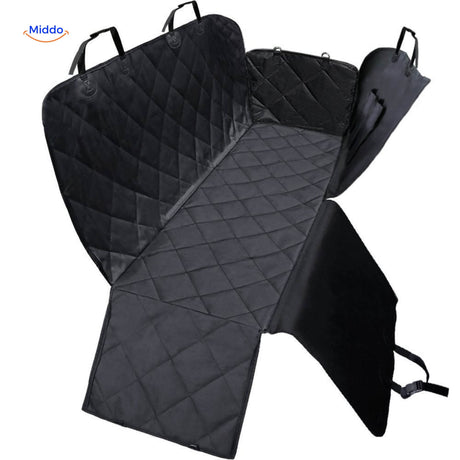Black quilted pet car seat cover with convenient zipper pocket closure.