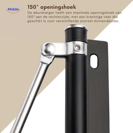 Black door closer allows 150-degree opening with adjustable closing speed.