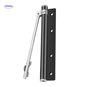 Adjustable black door closer provides controlled, safe door closing.