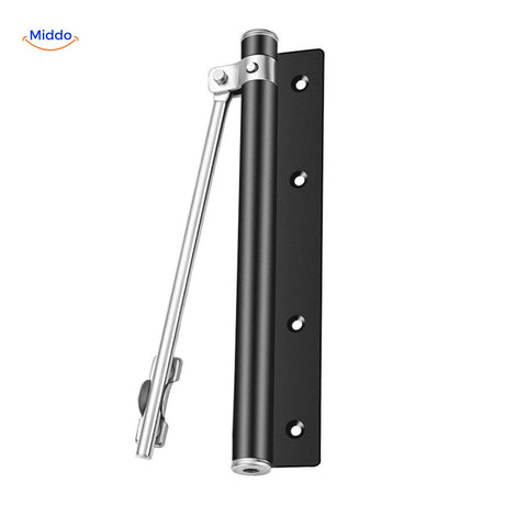 Adjustable black door closer provides controlled, safe door closing.