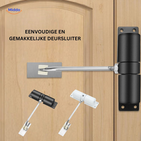 Black door closer installation guide showing mounting and setup process.