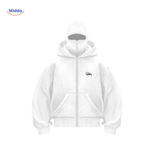 Full-length black double-hood unisex hoodie in premium cotton.