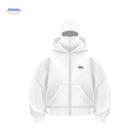 Full-length black double-hood unisex hoodie in premium cotton.
