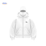 Full-length black double-hood unisex hoodie in premium cotton.