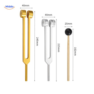 Black tuning fork with size and dimension specifications displayed.