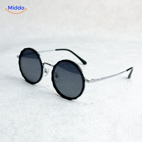 Round sunglasses with black frame featuring UV-protected lenses.