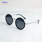 Round sunglasses with black frame featuring UV-protected lenses.