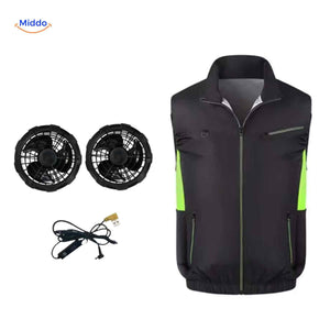 Black and green cooling work vest with integrated fan set and ventilation design.