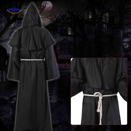 Black hooded priest costume showcasing the formal ceremonial robe style.