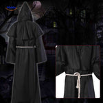 Black hooded priest costume showcasing the formal ceremonial robe style.