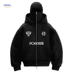 Black unisex hoodie showcasing embroidered logo on front.