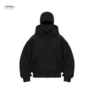 Front view of black AutumnBliss double-hood cotton hoodie.