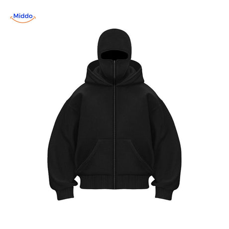 Front view of black AutumnBliss double-hood cotton hoodie.