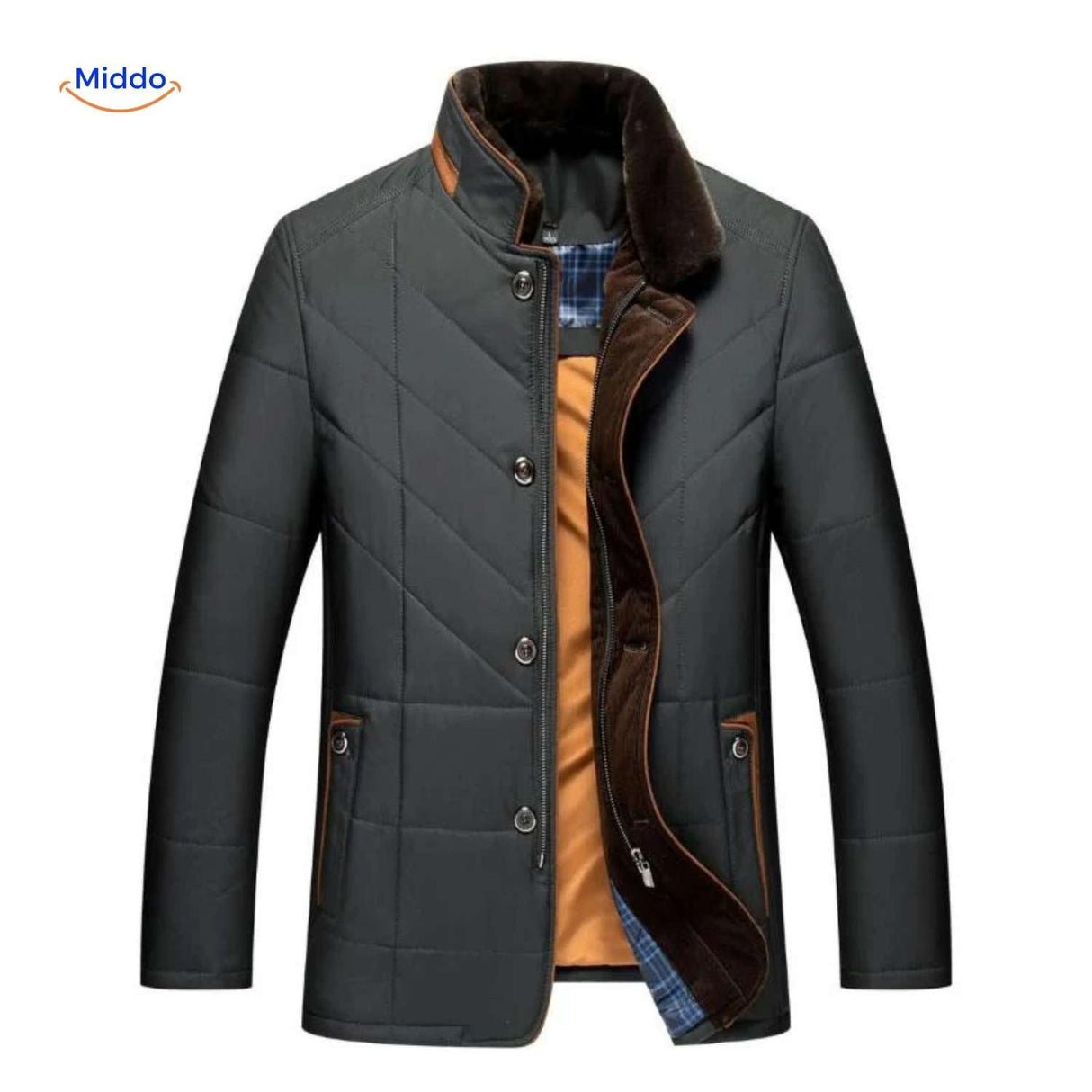 Black quilted jacket with brown trim and warm interior lining.