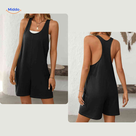Black open-back jumpsuit highlighting racerback detail and functional pockets.