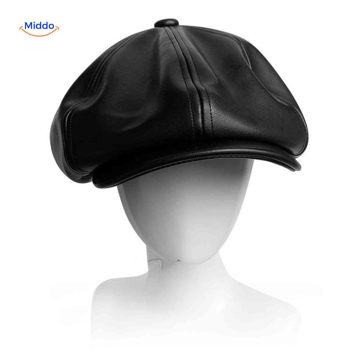 Black leather vintage flat cap with classic heritage newsboy style.