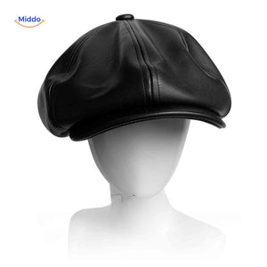Black leather vintage flat cap with classic heritage newsboy style.