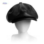 Black leather vintage flat cap with classic heritage newsboy style.
