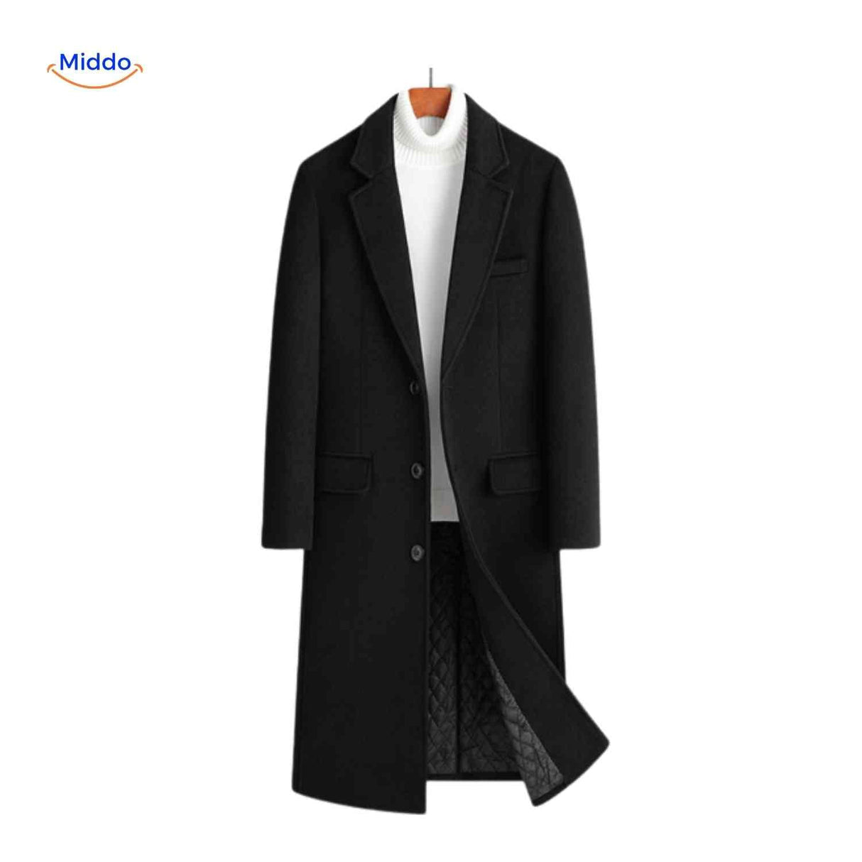 Black long mens winter overcoat full-length front view on a model.