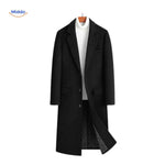 Black long mens winter overcoat full-length front view on a model.