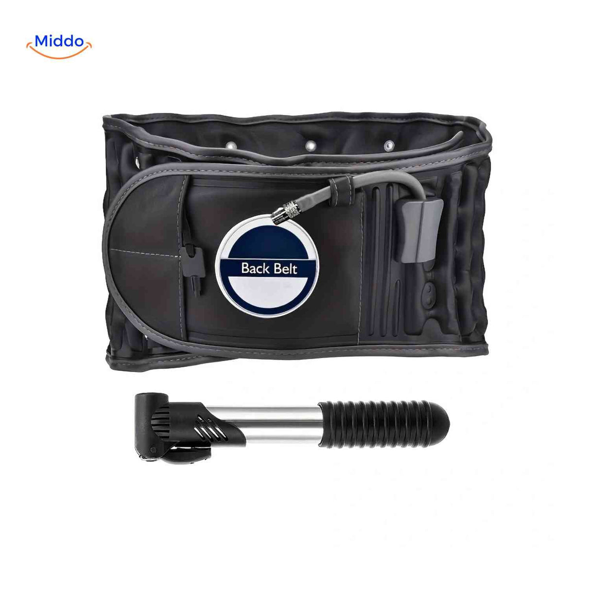 Black lumbar support belt with inflatable back brace technology.
