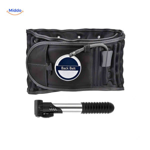 Black lumbar support belt with inflatable back brace technology.