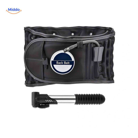 Black lumbar support belt with inflatable back brace technology.