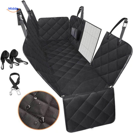 Black quilted car pet seat cover with integrated mesh storage pocket.